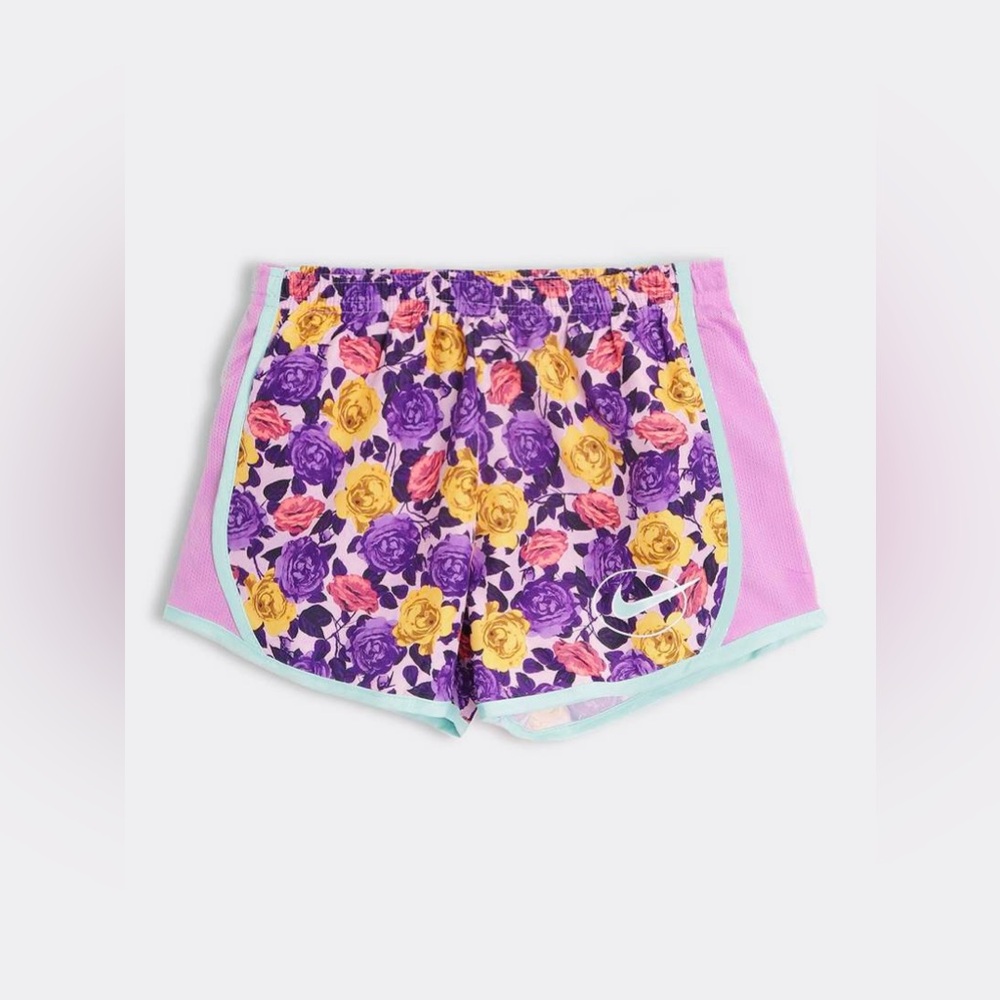 Nike Girls’ Floral Athletic Shorts with Purple and Yellow Roses. Size 5-6